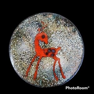 VINTAGE Enameled Copper Brooch Sash Pin Red Fawn Deer Abstract Round Celtic?